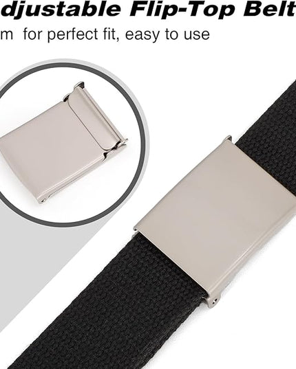 WHIPPY Canvas Web Belt Flip-Top Solid Black Military Buckle Fully Adjustable Mens Webbing Belts Cut To Fit
