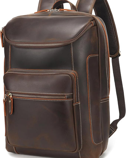 LANNSYNE Full Grain Leather Backpack For Men, 17" Laptop Backpack, Casual Outdoor Business Travel Rucksack, YKK Zippers