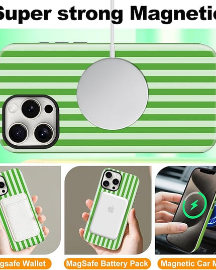 Magnetic for iPhone 11 Case Cute Stripes Phone Case, Shockproof Slim TPU and Hard PC Protective Phone Cover Compatible with MagSafe Designed for Women Girls, Deep Green