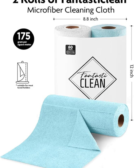 Fantasticlean Microfiber Cleaning Cloth Roll -60 Pack, Tear Away Microfiber Towels, 12" x 12", Reusable, Washable, Scratch Free, Ultra Absorbent Dishcloth for All-Around Cleaning (White & Blue)