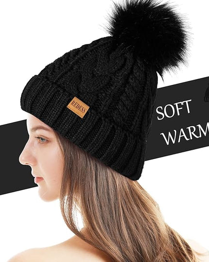 REDESS Women Winter Pompom Beanie Hat with Warm Fleece Lined, Thick Slouchy Snow Knit Skull Ski Cap