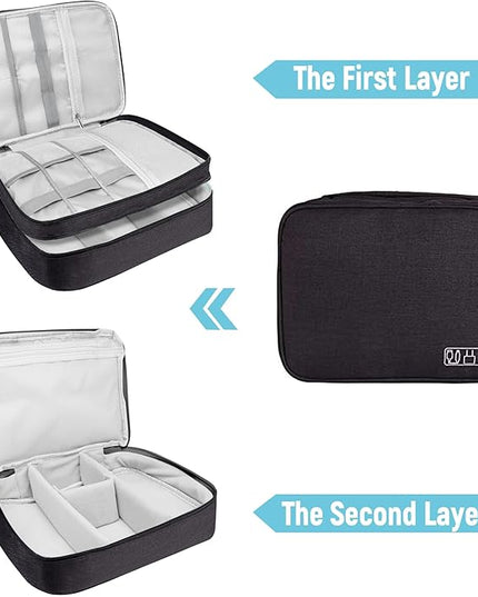 Electronics Travel Organizer,Large Double Layer Portable Waterproof Travel Organizer Bag for Charging Cable Storage,Ipad,Power Bank,Hard Drive etc,for Travel,Business,5pcs Cable Ties-Black
