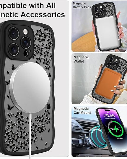 Wavy Case for iPhone 14 Pro Max Case with Stand [Compatible with MagSafe] Cute Black Cat & Floral & Butterflies Pattern Design, Kawaii 360 Magnetic Ring Kickstand Phone Cover for Women Girls