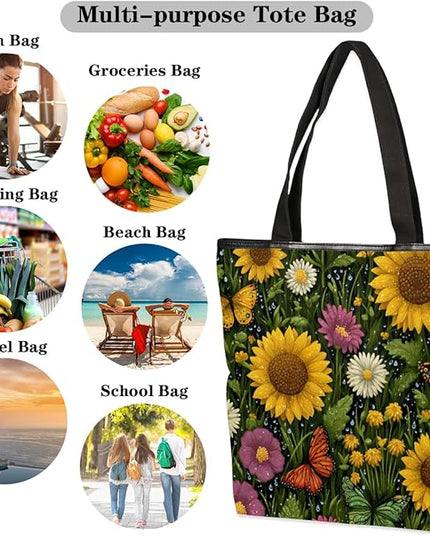 Pardick Canvas Tote Bags, Sunflower Daisy Butterfly Tote Bag Eco Friendly Reusable Grocery Shopping Bagsfor Beach, Books, Women with Zipper Inner Pocket