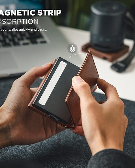 VULKIT Pop up Card Wallet Minimalist Cash Wallets RFID Blocking Leather Smart Credit Card Holder with ID window for Men(Brown)