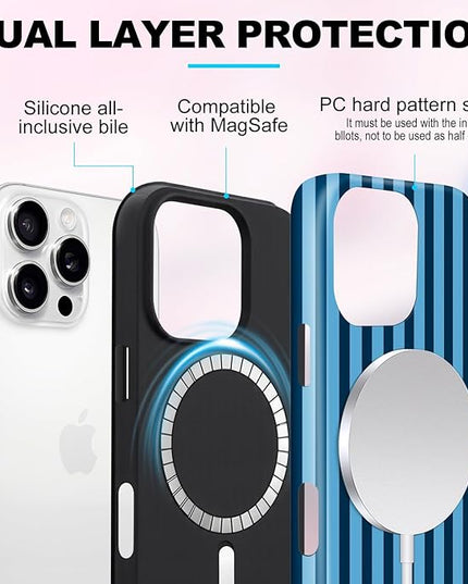 Magnetic for iPhone 12/12P Case Cute Stripes Phone Case, Shockproof Slim TPU and Hard PC Protective Phone Cover Compatible with MagSafe Designed for Women Girls, Lake Blue
