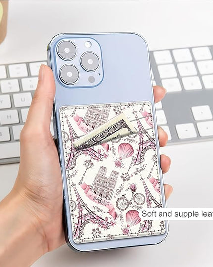 Phone Card Holder, Dual Pocket Leather Wallet Adhesive Stick On, Cute Credit Card Holder for Smartphones Case Compatible with Most Phone（Tower）