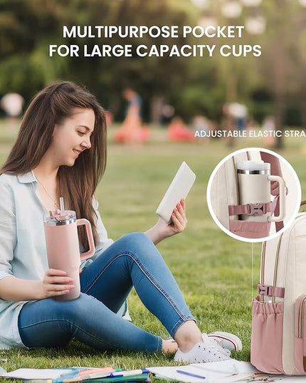 LOVEVOOK Laptop Backpack for Women with Pouch Pocket for Large Capacity Cup,17 Inch Teacher Nurse College Work Backpack Purse,Waterproof Laptop Bag Computer Back Pack for Travel, Beige-Pink-Brown
