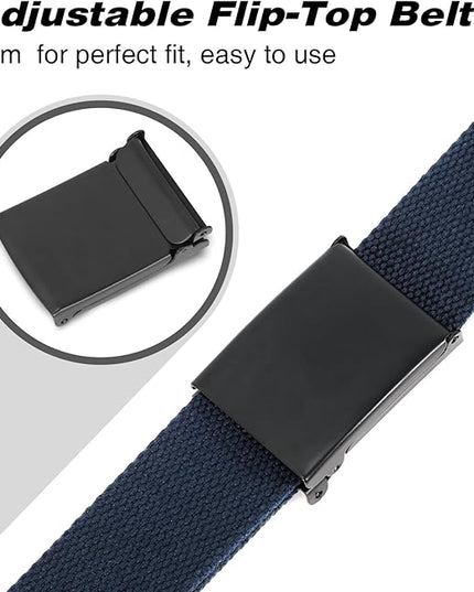 WHIPPY Canvas Web Belt Flip-Top Solid Black Military Buckle Fully Adjustable Mens Webbing Belts Cut To Fit
