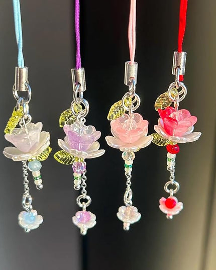 Agromusk Pink Flower Phone Charms,Cute Beaded Lotus Flower Phone Strap Handmade Decor for Women Y2K Accessories Keychain Bag Pendant Gift