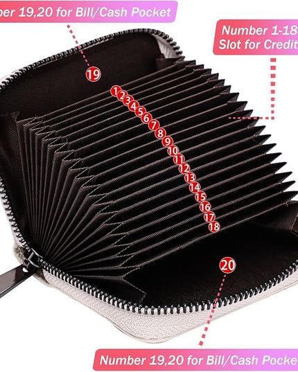 Linno RFID 20 Slots Credit Card Holder Genuine Leather Small Wallet for Women or Men with Zipper