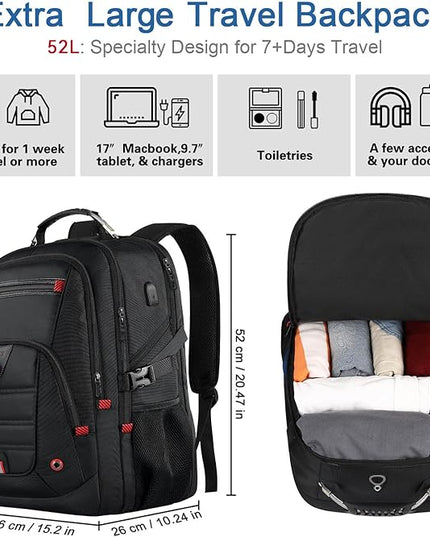 Z-MGKISS Extra Large Travel Backpack, 52L TSA Backpack 17.3 Inch, Anti-Theft 17 Inch Big Business Laptop Backpack for Men & Women, Water Resistant College Rucksack Bag with USB Port, Black