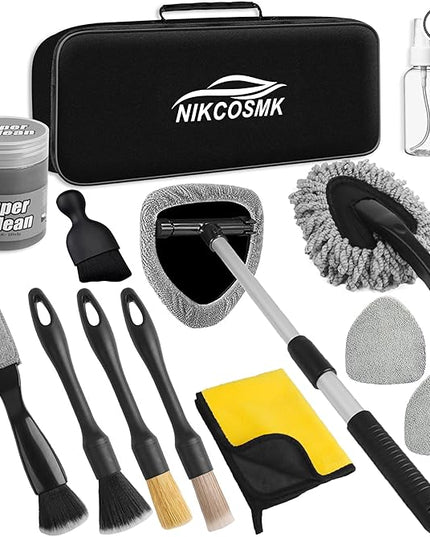 NIKCOSMK Windshield Cleaner Tool, 14Pcs Car Cleaning Kit - Car Interior Detailing Kit with Extendable Handle, Cleaning Gel & Microfiber Pads, All-in-One Inside Car Cleaning Supplies for Women Men
