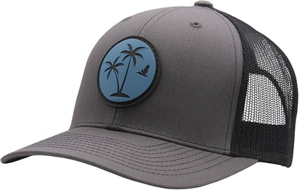 LINDO Trucker Hat [ Palm Tree 2.0 Design ] for Men and Women: Mid Profile Cap with Breathable Mesh Back and Adjustable Snap