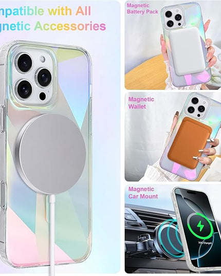Cute Case for iPhone 16 Pro Max Case for Women Girls [ Compatible with Magsafe ] Clear Glitter Girly Aesthetic Rainbow Sparkly Bling Magnetic Phone Cover, Iridescent Geometry