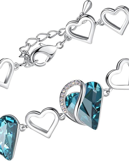 Leafael Infinity Love Heart Link Bracelets, Birthstone or Healing Stone Crystal Bracelet for Women, Silver Tone Jewelry Gifts for Her, 7-inch Chain and 2-inch Extender