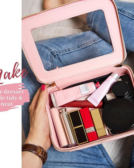 Aveniee Clear Makeup Bag Organizer Set,Portable Travel Toiletry Case for Women, Vegan Leather Cosmetic Pouch Car Bag for Essentials 2pcs,Middle & Large,Pink