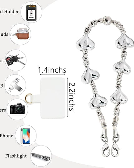 Marble Beaded Phone Wrist Strap,Detachable Phone Bracelet Strap with Tether Tab,Hands-Free Wristlet Strap (Silver Love)