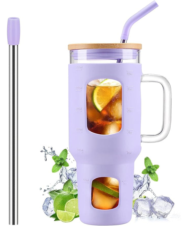 Glass Tumbler with Straw and Lid, 40 oz glass cup with handle, Glass Water Bottles with Time Marker, Silicone Protective Sleeve-Purple