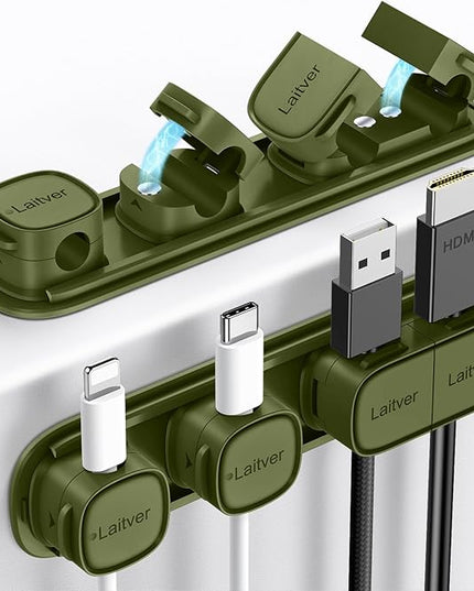 6 Pack Magnetic Cable Clips [1s Open/Lock], Laitver Cord Organizer Holder Strong Adhesive Desk Cable Management- Organize Charging Cords Neatly for Home, Office, Car,Desk, Nightstand-Deep Green