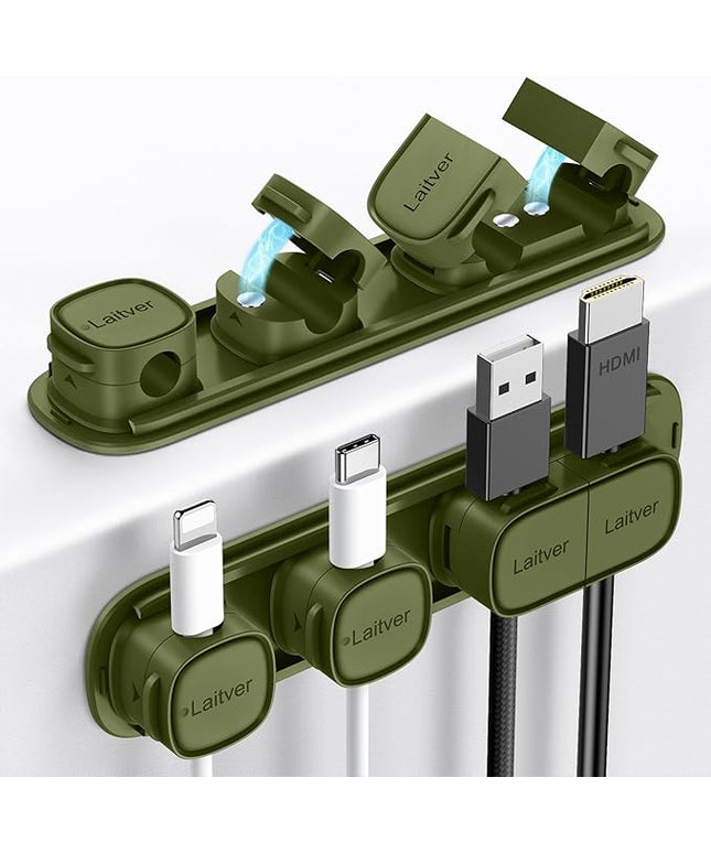 6 Pack Magnetic Cable Clips [1s Open/Lock], Laitver Cord Organizer Holder Strong Adhesive Desk Cable Management- Organize Charging Cords Neatly for Home, Office, Car,Desk, Nightstand-Deep Green