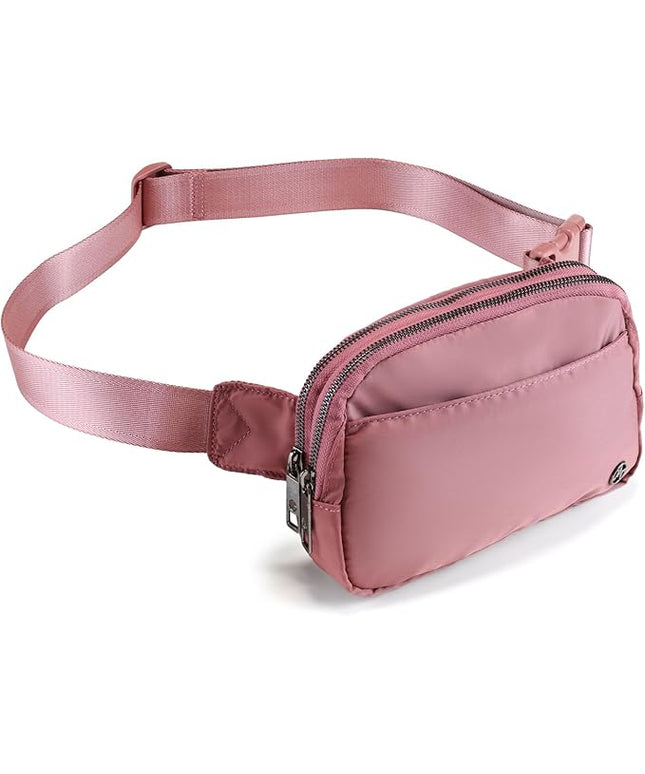 Pander Everywhere Belt Bag for Women, 5 Zipper Pockets Nylon Crossbody Fanny Pack Purse (Dune Pink)