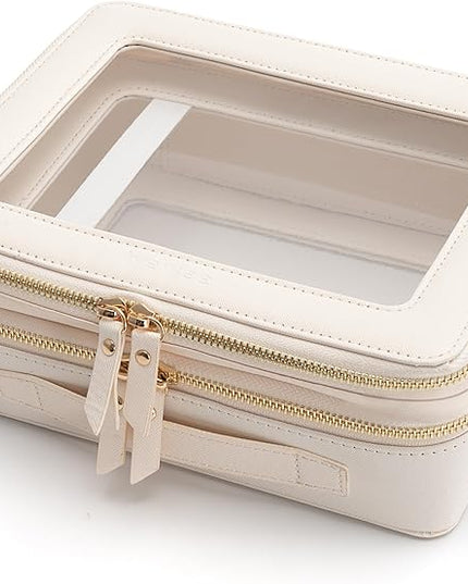 Aveniee Clear Makeup Bags, Double Layer Cosmetic Case with Separate Brush Compartment, Large Toiletry Organizer for Women, Travel Accessories Holder(2 Layers Large, White)