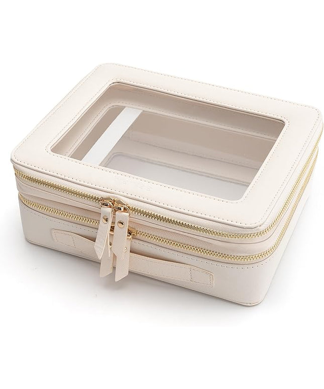 Aveniee Clear Makeup Bags, Double Layer Cosmetic Case with Separate Brush Compartment, Large Toiletry Organizer for Women, Travel Accessories Holder(2 Layers Large, White)