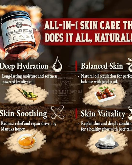 Organic Beef Tallow for Skin - 4 OZ (Pack of 3) — Grass Fed Beef Tallow for face + Body — US-Made Whipped Tallow and Honey Balm Moisturizer for Dry and Sensitive Skin, Eczema, Rosacea (No Additives)