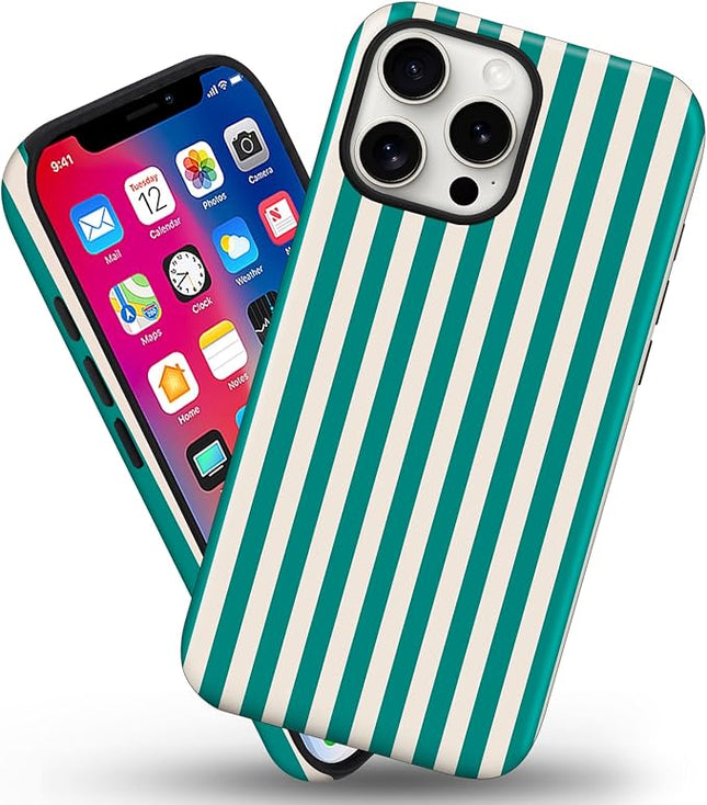 Magnetic for iPhone 13/14 Case Cute Stripes Phone Case, Shockproof Slim TPU and Hard PC Protective Phone Cover Compatible with MagSafe Designed for Women Girls, Emerald Green