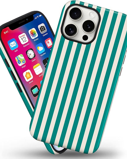 Magnetic for iPhone 14 Pro Case Cute Stripes Phone Case, Shockproof Slim TPU and Hard PC Protective Phone Cover Compatible with MagSafe Designed for Women Girls, Emerald Green
