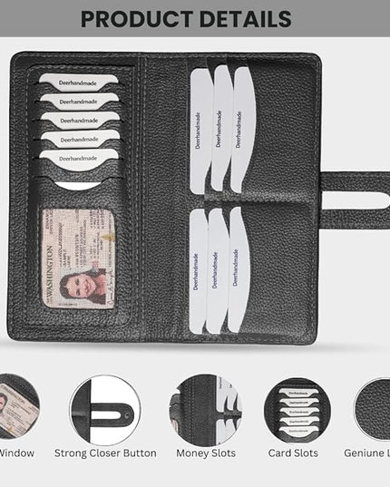 DEERHANDMADE womens wallet (Holds 15-18 Cards, 4 Flat Pockets, 1 ID Windows) Genuine Leather clutch purses for women | Slim long wallets for women | rfid blocking wallet (black wallet)