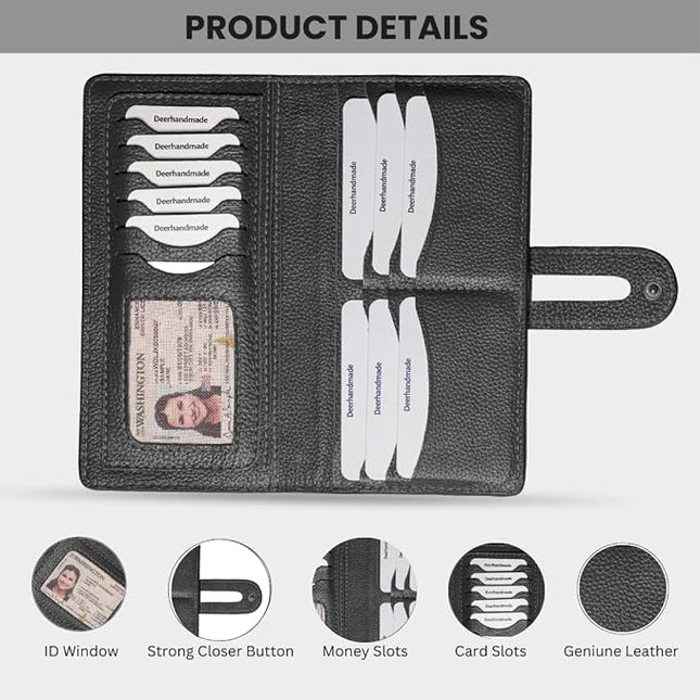 DEERHANDMADE womens wallet (Holds 15-18 Cards, 4 Flat Pockets, 1 ID Windows) Genuine Leather clutch purses for women | Slim long wallets for women | rfid blocking wallet (black wallet)
