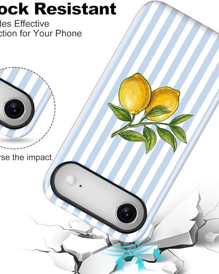 Magnetic for iPhone 17 Air Case Cute Lemon Stripes Phone Case, Shockproof Slim TPU and Hard PC Protective Phone Cover Compatible with MagSafe Designed for Women Girls, Blue