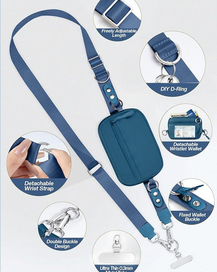 Clip and Go Strap for Phone with Wallet Crossbody Phone Lanyard Adjustable and Detachable RFID Wristlet Wallet with ID Window and Zipper, Blue