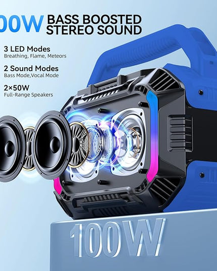 Wilody Speakers Bluetooth Wireless, 100W Loud Outdoor Speaker with Bass, IPX7 Waterproof Floatable, 20H Playtime, Wireless Charge, TWS, RGB Light, Portable Speaker for Work, Garage, Outdoor (Blue)