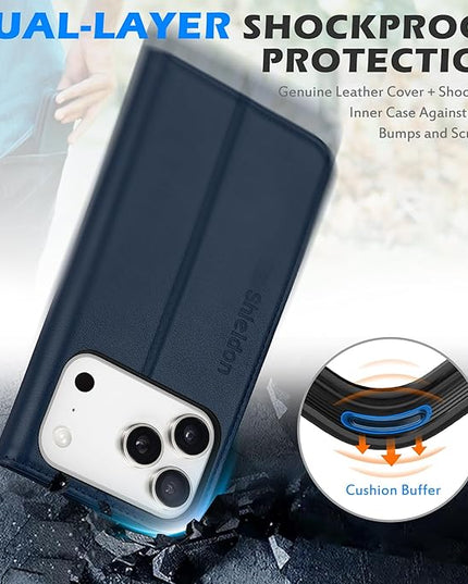 SHIELDON Case Wallet for iPhone 17 Pro 6.3-inch | Genuine Leather | RFID Blocking Credit Card Holder | Magnetic Closure | Folio | Kickstand | TPU Soft Full Protective Cover 2025 | Navy Blue