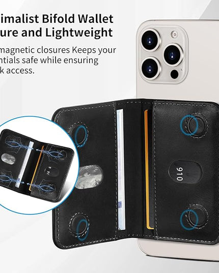 Belemay Minimalist Bifold Magnetic Wallet Compatible with MagSafe, Slim Card Holder for 4 Cards, Vegetable-Tanned Leather, Compatible with iPhone 17/16/15/14/13/12 Series and MagSafe Cases, Black