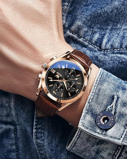 OLEVS Men's Watches Leather Strap Analog Quartz Watch, Fashion Big Dial Date Waterproof Watch, Dress Luxury Luminous Men Watches