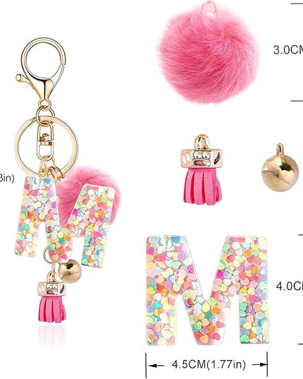 Resin Alphabet Initial Letter Keychain Keyring for Women Purse Handbags With Fur Ball Pom