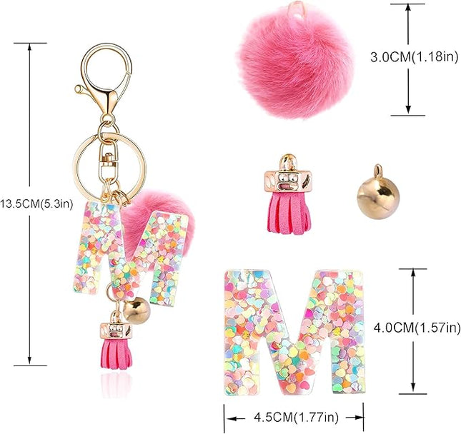 Resin Alphabet Initial Letter Keychain Keyring for Women Purse Handbags With Fur Ball Pom