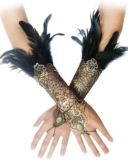 Women's Long Gothic Lace Gloves Feather Fingerless Gloves Stretch Wrist Cuffs for Wedding Party Halloween