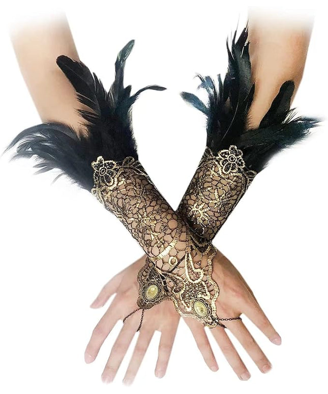 Women's Long Gothic Lace Gloves Feather Fingerless Gloves Stretch Wrist Cuffs for Wedding Party Halloween