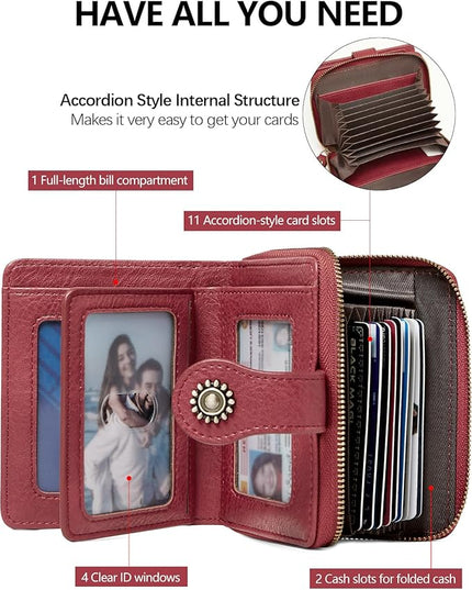 TFKGS Small Womens Wallet Leather RFID Blocking Bifold Compact Card Holder Ladies Zipper Accordion Pocket with ID Window Red