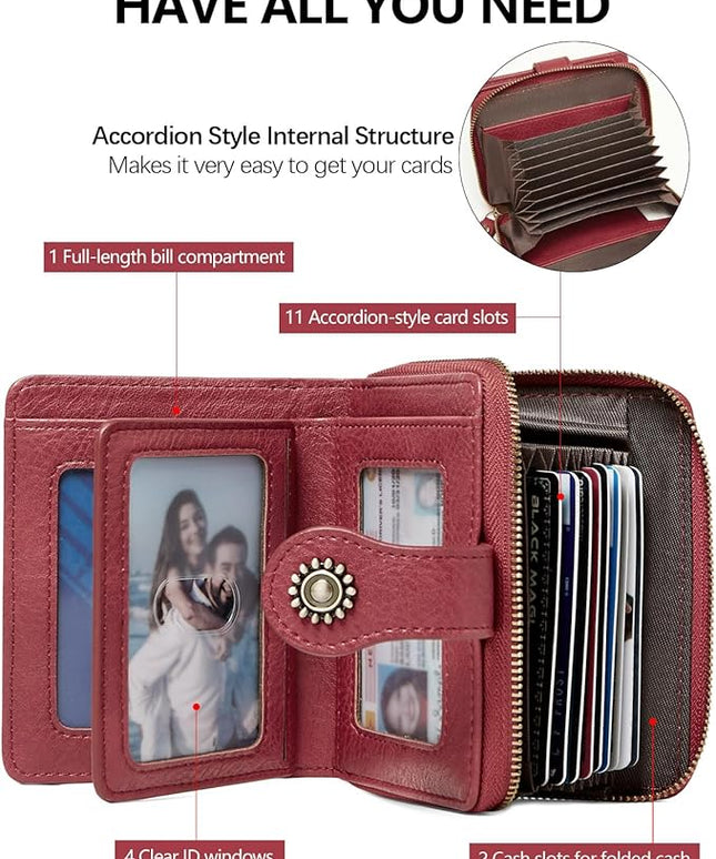 TFKGS Small Womens Wallet Leather RFID Blocking Bifold Compact Card Holder Ladies Zipper Accordion Pocket with ID Window Red