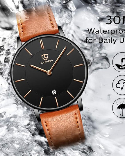 L LAVAREDO Watch for Men, Extremely Thin Mens Watches Minimalist Analog Men's Leather Wrist Watches with Time/Date, Birthday Gift for Men Boyfriend