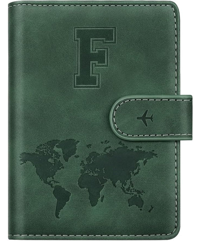 Personalized F Passport Holder Cover Initial Letter Travel Wallet RFID Blocking Passport Cover Credit Card Holder Case Passport Book Holders for Women and Men, Pine Green-F