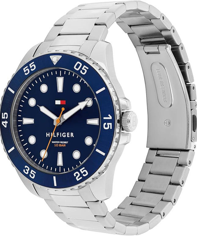 Tommy Hilfiger Men's Bold Dive-Inspired Watch – 3H Quartz Movement, Stainless Steel and Aluminum Case, Aluminum Sport Bezel, Link Bracelet – Adventure-Ready Gift for Him