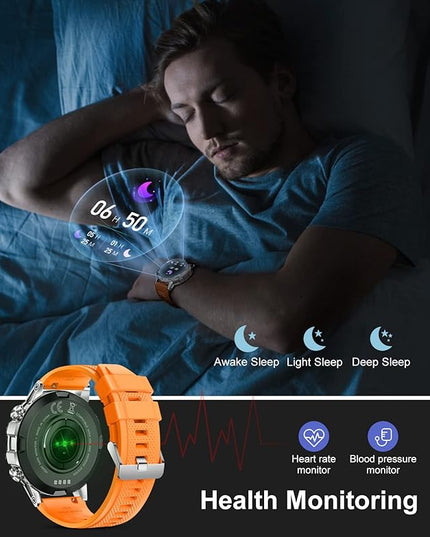 SUNKTA Military Smart Watch for Men(Answer/Dial Calls),100 Sports Modes, 5ATM Waterproof,1.39''HD Touchscreen Fitness Watch,with Heart Rate/SpO2 for Android/iOS Smart Watch Orange