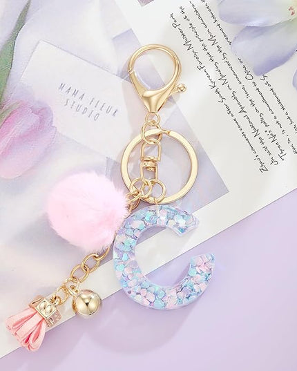 Resin Alphabet Initial Letter Keychain Keyring for Women Purse Handbags With Fur Ball Pom